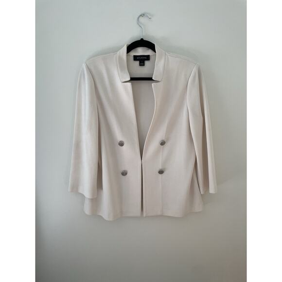 St John Size 12 Knit flat collar Open longline Blazer Jacket Ivory White silver